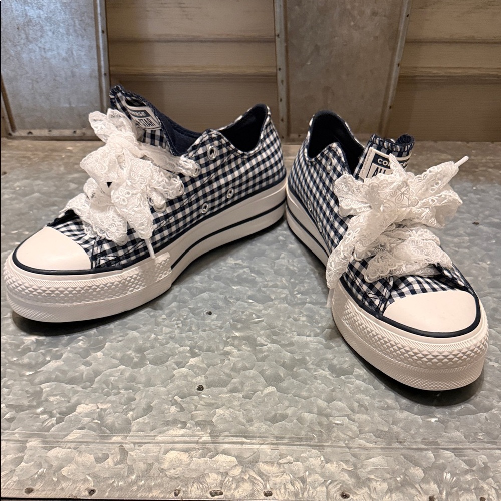 Never Worn Converse Navy and White Gingham Lace Sneakers